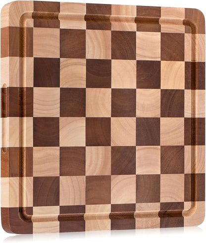 Checkered Cutting Board, Square Wooden Checkerboard Cutting Board for Kitchen 12 x 12 x 1", Rubber Wood Butcher Block Chopping Board with Juice Grooves & Handles for Meat, Vegetables & Cheese