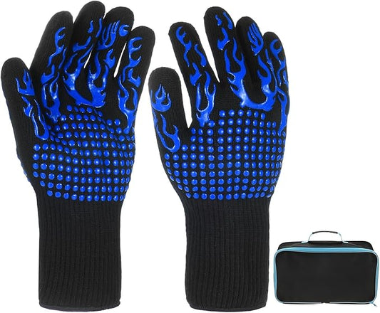 M METERXITY 1-Pair BBQ Gloves, 1472°F Heat Resistant Non-Slip Grilling Oven Gloves for Barbecue/Baking/Cooking, with Storage Bag [Flame Pattern L, Blue]