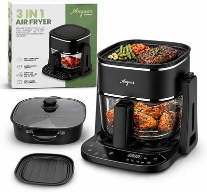 Angaar Korean BBQ Hotpot & Electric Grill, 3-in-1 Tabletop Cooker – 1400W 4.5L Glass Basket, Shabu Shabu, Air Fry & Contact Grill, Ceramic Non-Stick, 60-Min Timer