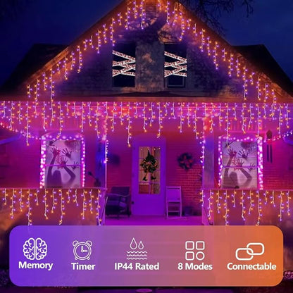 QITONG Orange and Purple Halloween Lights, 66ft 800 LED Icicle Lights for Outside Plug in, Clear Wire Connectable String Light Indoor with 8 Modes