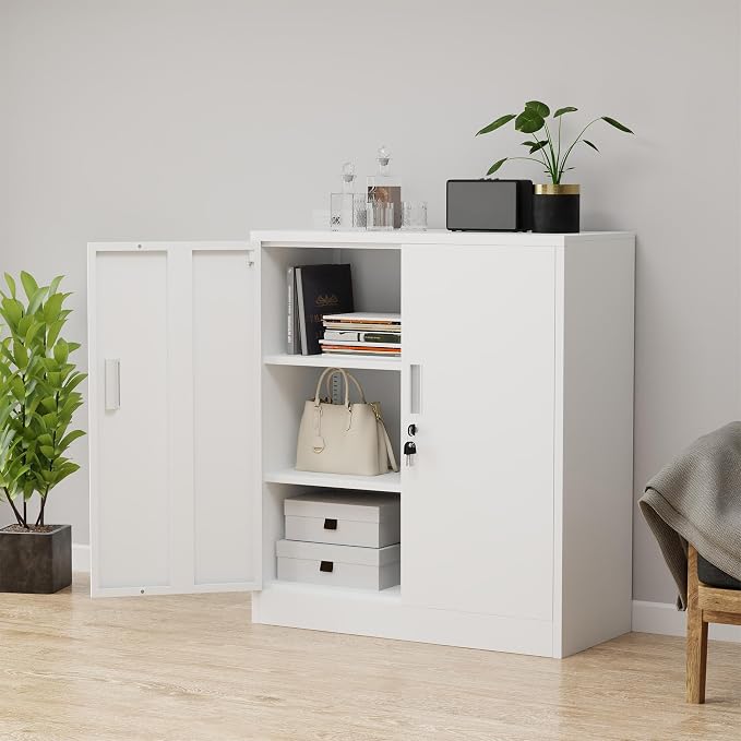 Metal Storage Cabinet with Locking Doors and 2 Adjustable Shelves, Small Lockable Storage Cabinet for Home Office Garage (White)