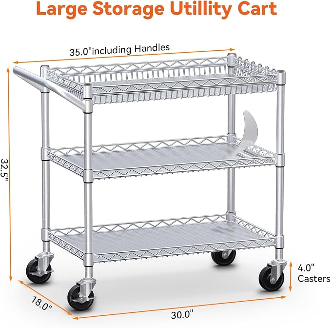 990Lbs Capacity Heavy Duty Rolling Utility Cart, NSF Rolling Carts with Wheels,Commercial Grade Metal Cart with Handle Bar & Shelf Liner,Trolley Serving Cart for Kitchen,Restaurant,Silver