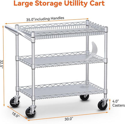 990Lbs Capacity Heavy Duty Rolling Utility Cart, NSF Rolling Carts with Wheels,Commercial Grade Metal Cart with Handle Bar & Shelf Liner,Trolley Serving Cart for Kitchen,Restaurant,Silver