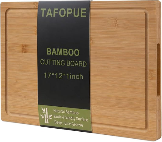 Bamboo Cutting Board for Kitchen, Thickened Chopping Board with Juice Groove & Handles, Large Double Sided Butcher Block for Meat, Vegetables & Charcuterie Serving, 17x12x1 Inch