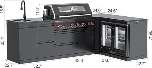 SERA C 6-Burner Propane L-Shape Outdoor Kitchen with Fridge Black | Black 304 stainless steel, 87,900 BTU + infrared, storage drawers, 90° corner L-shape, soft-close, locking caster, organizing