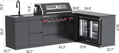 SERA C 6-Burner Natural L-Shape Outdoor Kitchen with Fridge Black | Black 304 stainless steel, 87,900 BTU + infrared, storage drawers, 90° corner L-shape, soft-close, locking caster, organizing