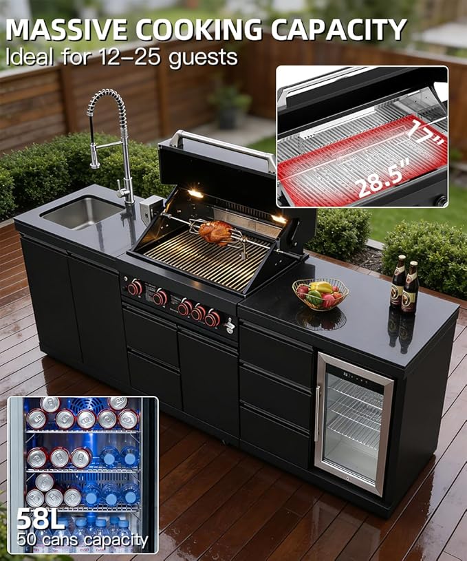 BBQ Outdoor Kitchen Island Grill Barbecue Modular Patio Kitchens Kits with Electric Rotisserie, Sink, fridge, and Burner for More than 10 People