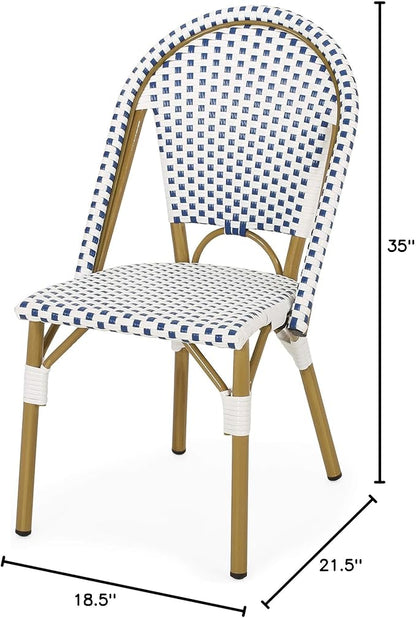 Christopher Knight Home Philomena Outdoor French Bistro Chair (Set of 2), Blue + White + Bamboo Print Finish