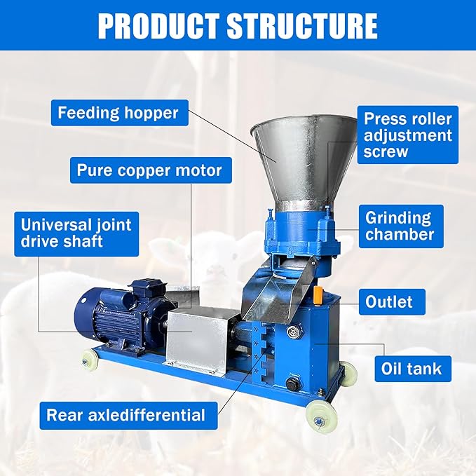 110V Feed Pellet Mill Machine 3 Head Rollers Pellet Maker Machine for Poultry Livestock Farm Animal 2.5/3/4/5/6/8mm Grinding Discs, Air Switch, Splash Plate, 220-440 lb/h, 5.5KW 60HZ