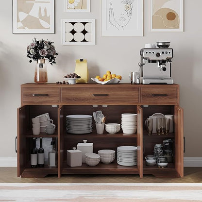 Garvee 55" Large Buffet Sideboard Cabinet, Coffee Bar Cabinet Buffet Table | Buffet Cabinet with Storage 4 Doors and 3 Drawers Kitchen Storage Cabinet for Dining Room, Living Room, Adjustable Shelf