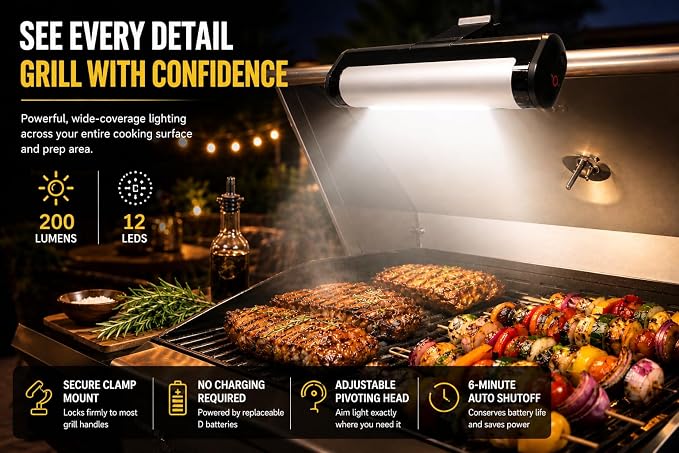 BBQ Grill Light for Outdoor Grill, 200 Lumen LED Clamp Light, Black | LED BBQ Grill Light with 200 Lumens, Clamp Mount and Adjustable Pivot for Outdoor Grilling