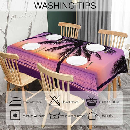 Decorative Rectangle Tablecloth 52"X70" Beach Sunset, Paradise Beach Palm Trees Sunset Wrinkle Free Table Cover Picnic Table Cloths for Parties Weddings Kitchen Tablecloth Purple