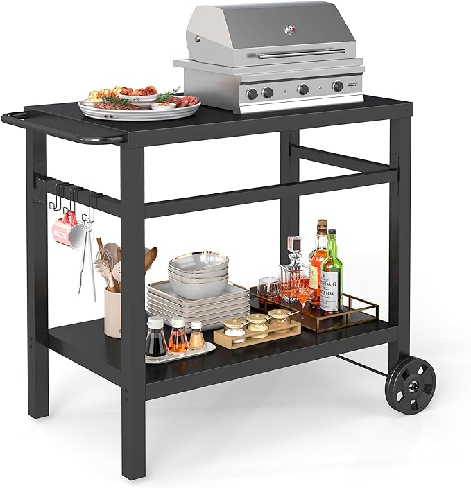 DDK 2-Tier Outdoor Grill Table, 34" Metal Top BBQ Prep Cart with Wheels & Hooks, 150 LBS Capacity Grill Cart for Patio Backyard Camping, Works as Griddle Stand & Potting Bench