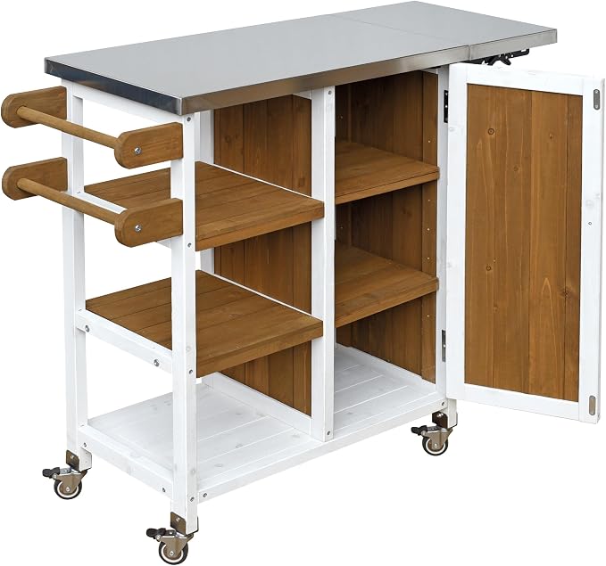 JIVOIT Outdoor Kitchen Island with Foldable Stainless Steel Tabletop, Patio Fir Wood Kitchen Cart Portable Prep Station with Lockable Wheels, Storage Cabinet and Towel Rack (White+Brown/123)