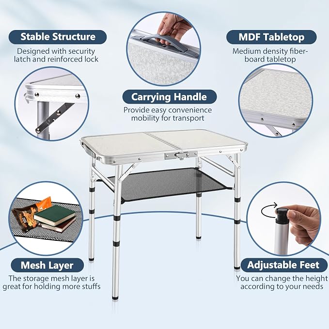 YihuiKo Folding Picnic Table, Small Camping Table with Adjustable Heights | Storage Net, Extension Leg, Lightweight Portable Folding Table, For Beach Home, Carrying Handle, Aluminum Alloy Frame