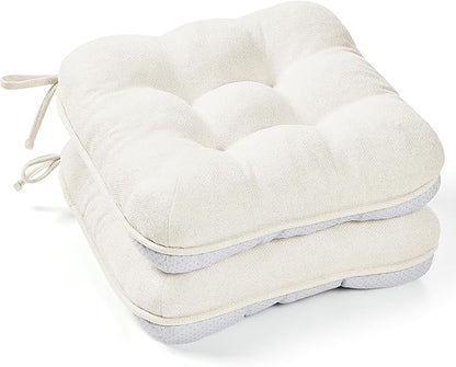 BETU White Chair Cushions for Dining Chairs Set of 2,3.5" Thick Kitchen Table Chair Pads with Ties,Non Slip Backing and Covers, Seat Cushion for Dining Room,Bar,Patio Chairs,15.5"X15.5"X3.5",White
