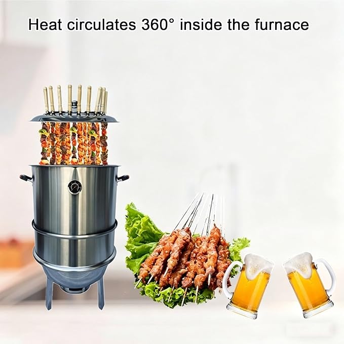 Vertical BBQ Smoker for Duck Chicken Stainless Steel Barbecue Grill with Various Accessories 360° Even Heating Independent Charcoal Bin Design for Duck, Chicken, Pigeon, Fish and Vegetables