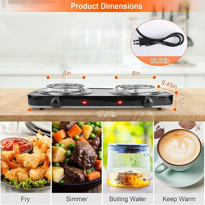 KOCASO 2000W Dual Burner Portable Electric Hot Plate with Coil Heating Elements, 5 Temperature Settings (302℉-1022℉), Non-Slip Rubber Feet for Countertop, RV, Dorm & Apartment Use