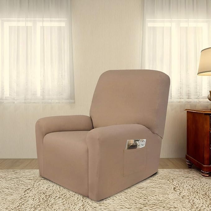 PureFit Stretc Recliner Chair Covers Fleece Soft Couch Covers for Sofa | Camel 4-Pieces Recliner Slipcover Pocket Couch Protector, Fleece Sofa Cover Washable with Non Slip Elastic Bottom