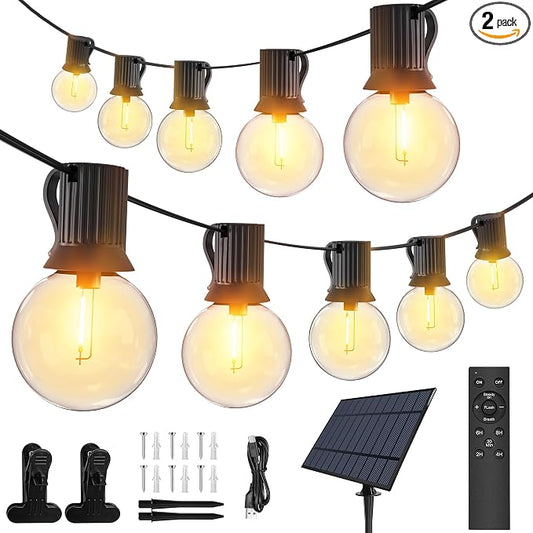 Ollny 2 Pack 60FT Solar Lights Outdoor, Waterproof Remote Control Dimmable Timers 3Modes String Light with 25 LED + 2 Spare Shatterproof Bulb, G40 Patio Lights for Outside Garden Yard Fence Porch
