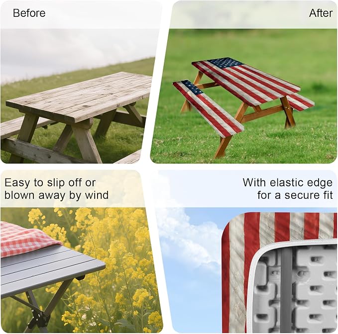 ANNA QUEEN Patriotic American Flag 6FT Picnic Table Cover with Bench Covers Set of 3 with Drawstring Bag, USA Flag 72"x30" Waterproof Picnic Tablecloth & Bench Covers for Outdoor BBQ