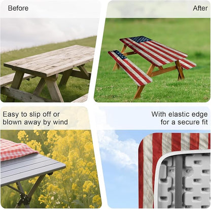 ANNA QUEEN Patriotic American Flag 6FT Picnic Table Cover with Bench Covers Set of 3 with Drawstring Bag, USA Flag 72"x30" Waterproof Picnic Tablecloth & Bench Covers for Outdoor BBQ