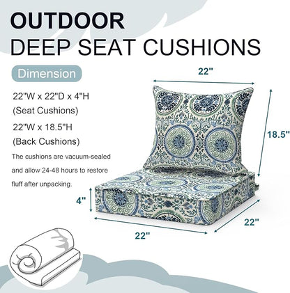 DYTXIII Outdoor Deep Seat Cushion Set, Water Repellent 22"x22" Patio Thick Cushions Replacement with Seat & Back Pillow for Patio Sofa, Wicker Chair, Couch - Wreath Blue
