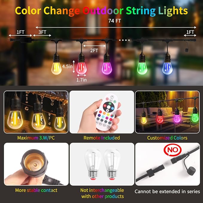 74FT Outdoor String Lights, Outdoor Lights for Patio,with 36+4 LED RGBW Color Change,3000K Bright White Waterproof Bulbs, Dimmer & Remote, Customized 12 Colors & 4 Modes, for Backyard Decor
