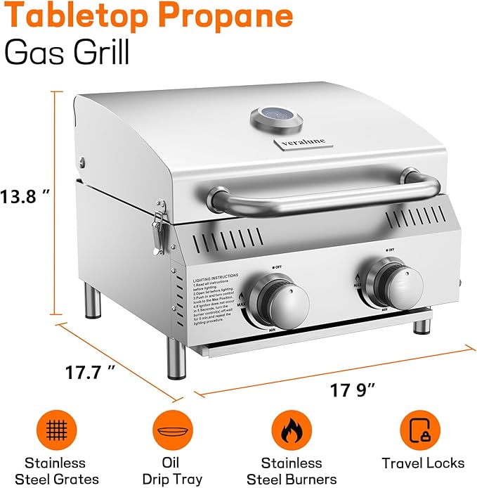 Veralune 2 Burner Tabletop Gas Grill, 22,000 BTUs Stainless Steel Portable Propane Grill with Legs, Built-in Thermometer, Travel Locks for Tailgating, Outdoor, Camping, RV Trips