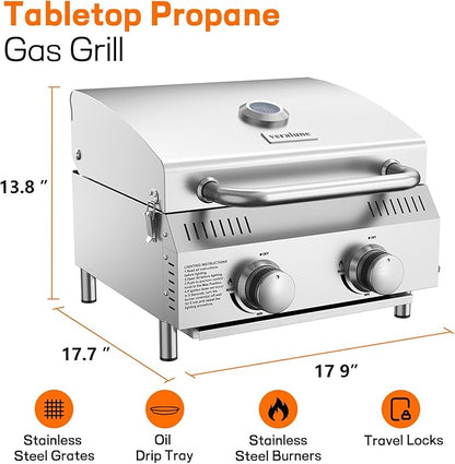 Veralune 2 Burner Tabletop Gas Grill, 22,000 BTUs Stainless Steel Portable Propane Grill with Legs, Built-in Thermometer, Travel Locks for Tailgating, Outdoor, Camping, RV Trips