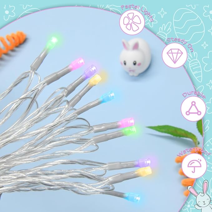 cshare Easter String Lights Battery Operated, Pastel Easter Lights with Timer 9.8ft 30LED Transparent Wire Fairy Lights for Easter Decorations Garland Outdoor Indoor Party 2 Packs
