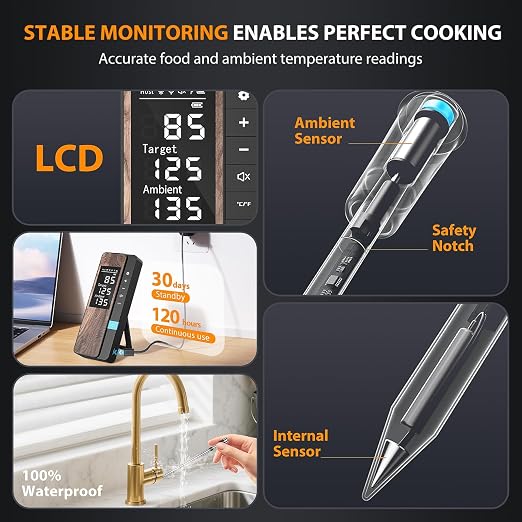 Wireless Meat Thermometer Digital, 1 Probe Bluetooth Thermometer | Smart App & Standalone Display Base, NIST ±0.5°F, Instant Read LCD, BBQ Smoker Grill Oven, Brisket Steak Turkey Pork