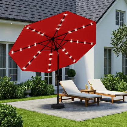 9' Solar LED Patio Umbrella with Tilt & Crank|8 Sturdy Ribs,UV Protection,Outdoor Market Table Umbrella for Deck,Lawn,Pool,Backyard (Red)