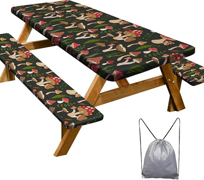 Picnic Table Cover Bench Covers Camping Essentials Tablecloth | Waterproof Vinyl for Outdoor, Windproof Elastic Fitted Edges, RV BBQ Accessories Must Haves, Storage Bag Included