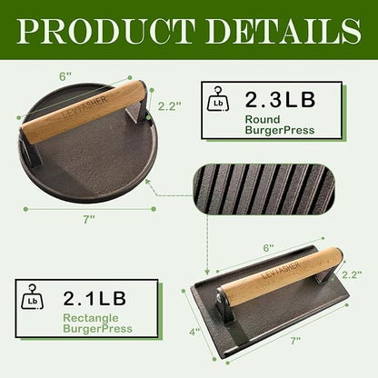 2Pack 2.3lb Steak Weight & Burger Press, Striped Base, 7" Round 7"X4" Heavy Duty Cast Iron Grill Press with Wood Handle for Blackstone, Chef, Camp, Panini, Vegetable, Bacon, Sandwich, BBQ
