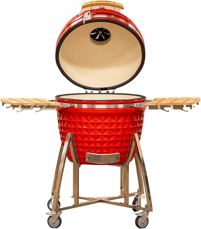 26" Large Kamado Grill COALS by Comfortbilt Ceramic Grill Charcoal Grill Smoker with Cart Side Shelves and 680 Cooking Square Inches in Red