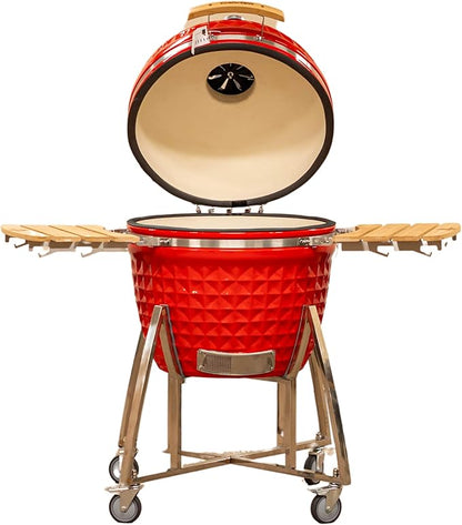 26" Large Kamado Grill COALS by Comfortbilt Ceramic Grill Charcoal Grill Smoker with Cart Side Shelves and 680 Cooking Square Inches in Red