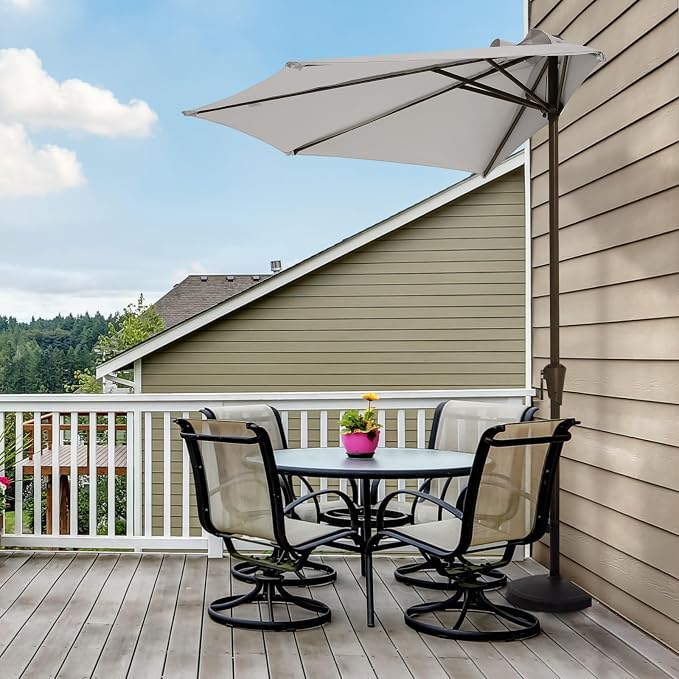 JEAREY 9ft Half Umbrella Outdoor Patio Umbrella Market Umbrellas with Crank, 1/2 Round Wall Umbrella 5 Sturdy Ribs UV Protection for Pool Garden Balcony Deck, Foggy Gray