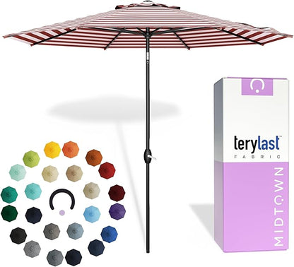 Midtown Umbrellas - 10-Year-No-Fade 10 Ft Patio Umbrella with Terylast Fabric, Auto-Tilt Aluminum Frame and 8 Reinforced Ribs for Deck, Pool, Garden & Beach - Red/White Stripes Canopy, Black Pole