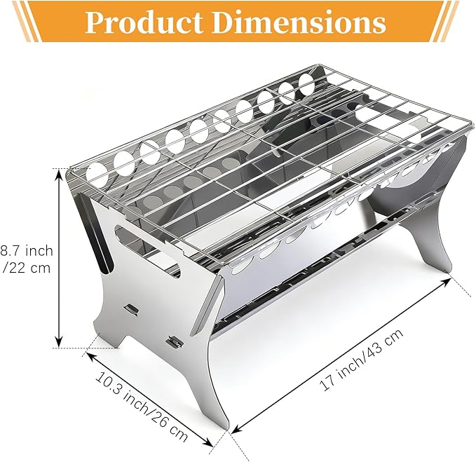 Stainless Steel Portable Charcoal Grill Heater Heating Stove with Ash Tray - Compact BBQ Grill for In and Outdoor Camping, Backyard, Picnic, Easy to Assemble & Clean