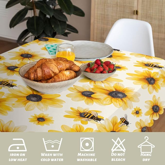 Summer Table Cloth Rectangle Tables Yellow Sunflower Bumble Bee White Fall Rectangle Table Cover Anti-Oil Tablecloth for Dining Tables, Parties, Wedding and Banquet Decoration 52" x 70" 4-6 Seats