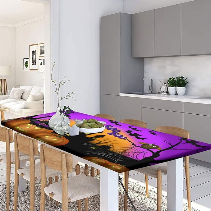 Halloween Picnic Table and Bench Fitted Tablecloth Cover, Pumpkins Ghost Waterproof Table Cover, 28x72 Inch, 3 Pieces Set, Outdoor Fitted Tablecloth for Camping Patio Park, Purple Orange