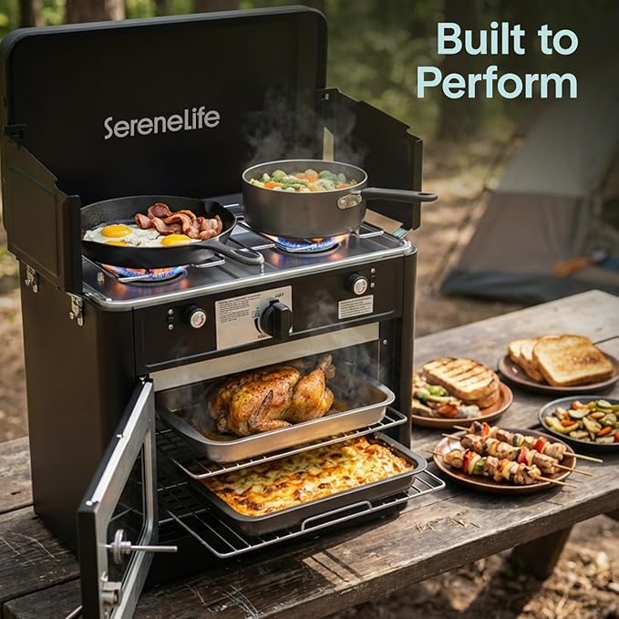 Camping Oven 3 in 1 Stove Oven Combo, Outdoor Camp Oven with 2 Burner Cooking, Piezo Ignition and Temperature Control, Compact RV for Camping and Tailgating