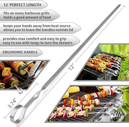 Skewers for Kabobs, 12" Metal Kebab Skewers for Grilling Flat Long Stainless Steel Kabob Sticks Reusable Grill Shish BBQ Barbecue Sticks for Meat Chicken Vegetable Shrimp, 12 Pack