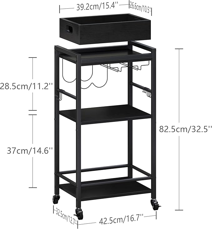3-Tier Bar Cart with Removable Tray, Small Bar Carts with Wheels, Rolling Beverage Cart, Drink Cart, Black Wine Cart with Wine Rack for Kitchen, Living Room (Black) GBC513B