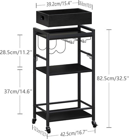 3-Tier Bar Cart with Removable Tray, Small Bar Carts with Wheels, Rolling Beverage Cart, Drink Cart, Black Wine Cart with Wine Rack for Kitchen, Living Room (Black) GBC513B