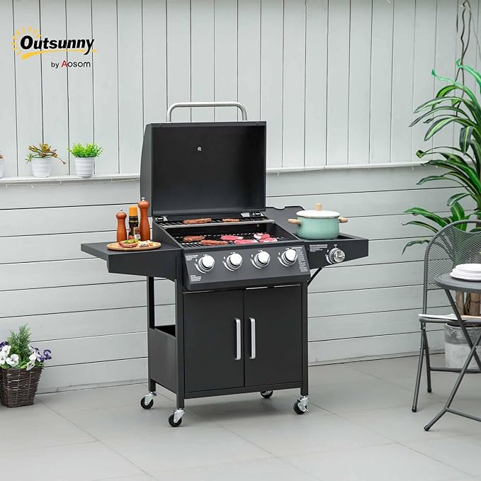 Outsunny 4 Burner Propane Gas Grill with Side Burner, 48,000 BTU Steel Outdoor Barbecue Grill with Cabinet, Shelf, Warming Rack, Thermometer, Wheels, Black