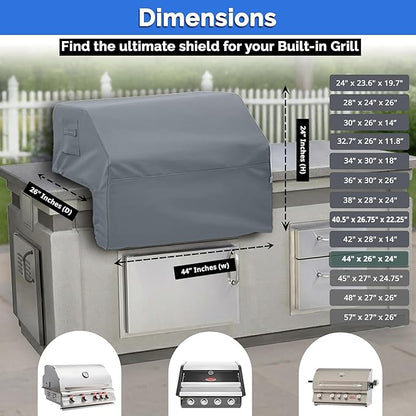 Covers & All Built-in Grill Cover for Outdoor Grill – Heavy Duty 12 oz Waterproof Built-in BBQ Grill Cover, PVC-Coated Polyester with Elastic Hem for Snug Fit (44 x 26 x 24 inches, Grey)