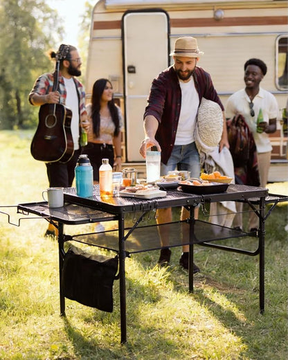 3 Ft Camping Table Foldable, Metal Mesh Grill Table with Side Wing Panels | Black Finish, 2 Adjustable Heights, Storage Net, Paper Towel Holder, Hooks and Trash-Bag Rack for Camping, BBQ and Picnics