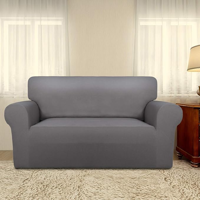 PureFit Stretch Loveseat Covers Fleece Couch Covers for Sofa Light Gray | 1-Piece Sofa Slipcover Soft Couch Protector, Sofa Cover Washable with Non Skid Foam and Elastic Bottom for Kids, Dogs
